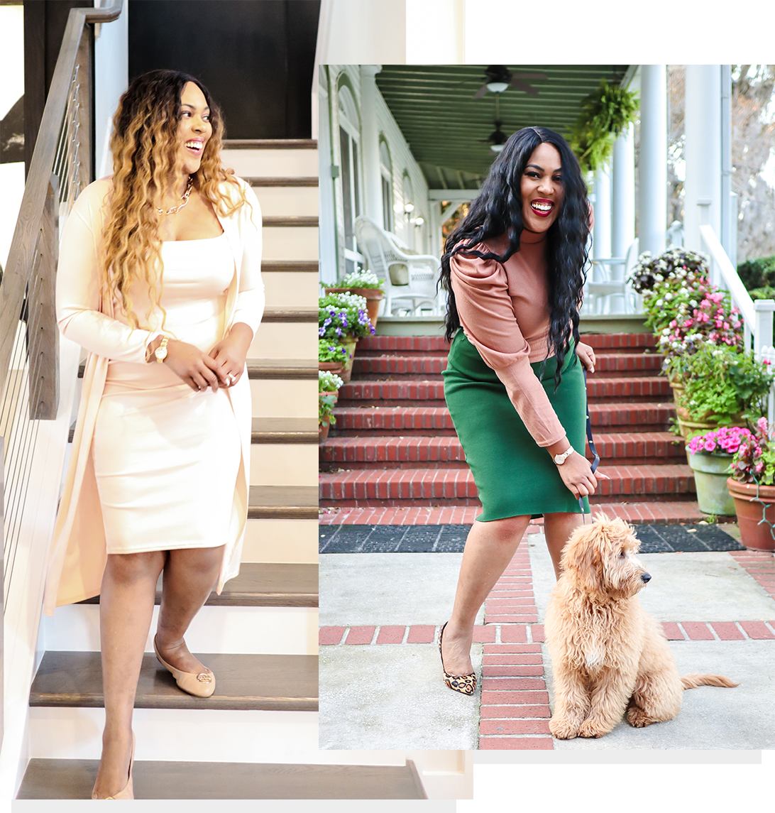 Two photos of Erica Miller. Left photo in a white dress looking to the right. Right photo in a brown shirt and green pencil skirt holding a medium sized brown dog on a leash