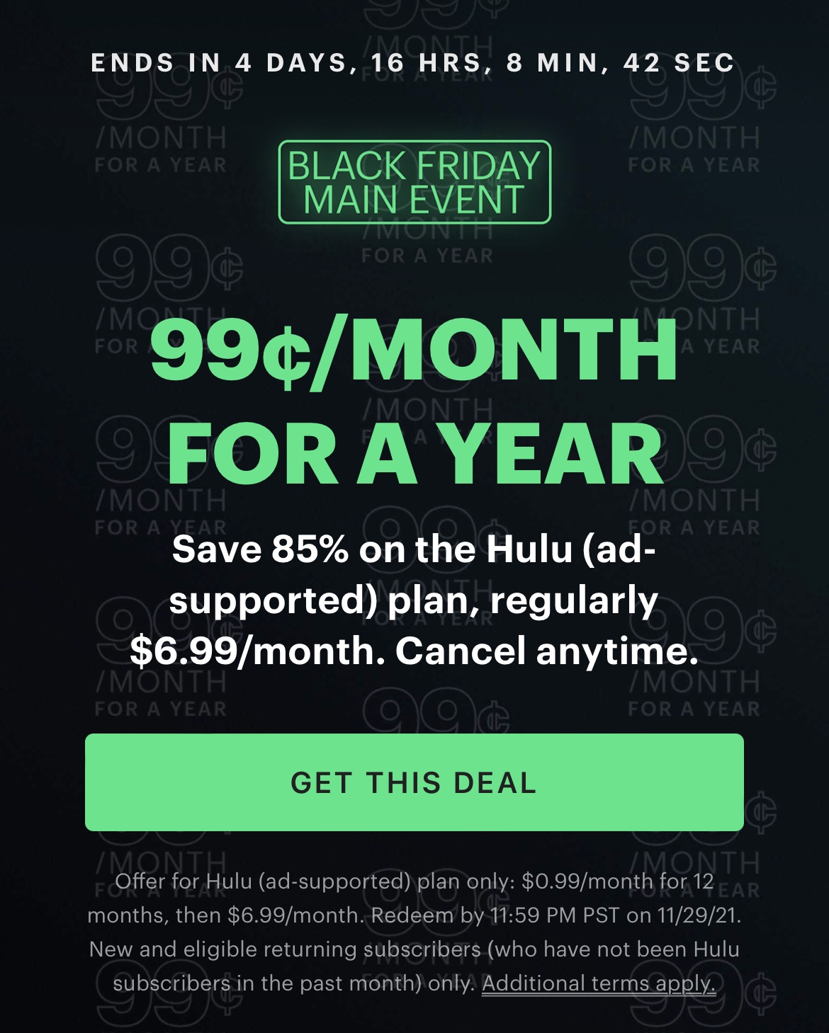 Black Friday Deal! Get Hulu for only .99 a month! One Cute Couponer