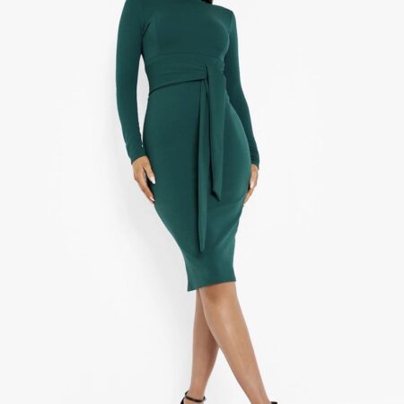 Price drop! High Neck Tie Waist Fitted Midi Dress only $20! Thumbnail