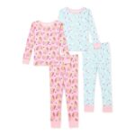 ONLY $5! Toddler Girl Long Sleeve Snug Fit Cotton Pajamas, 4-Piece Set Thumbnail