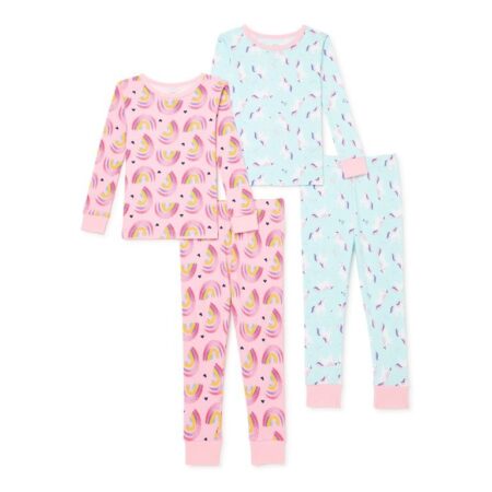 ONLY $5! Toddler Girl Long Sleeve Snug Fit Cotton Pajamas, 4-Piece Set Thumbnail