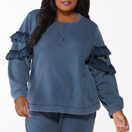 Plus Size Ruffled Denim Wash Sweatshirt ONLY $7.99! Thumbnail