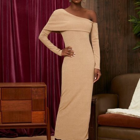 Hurry! ONLY $9! Asymmetrical Neck Overlay Bodycon Dress! Thumbnail