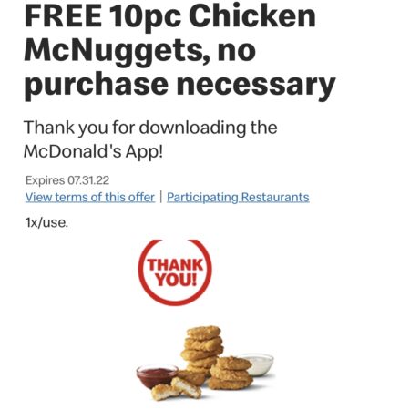 FREE 10 PC Chicken McNuggets at McDonald’s! No purchase required Thumbnail