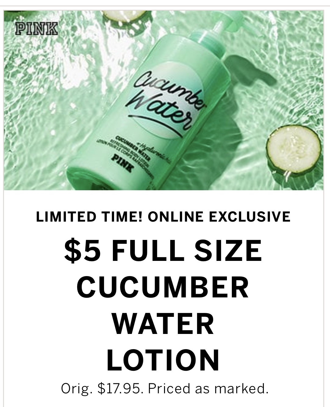 Today Only! Victorias Secret Cucumber Water lotion ONLY 5! (was 17.99