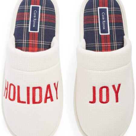 ONLY $18 Men’s Holiday Joy Waffle-Knit Embroidered Mule Slippers Thumbnail