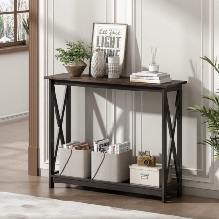 HOT DEAL! 2-Tier Narrow Long Console Table W/ Dog Bowls ONLY $39!! Thumbnail