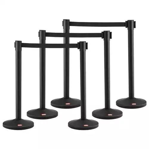 VEVOR Crowd Control Stanchions 6-Pack Crowd Control Barrier, Water & Sand Hollow Base with Steel Stanchion Post, Black Stanchions with Retractable Belts 6.5FT, Line Divider Queue Barrier Easy Asse...