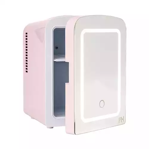 Paris Hilton Mini Refrigerator and Personal Beauty Fridge, Mirrored Door with Dimmable LED Light, Thermoelectric Cooling and Warming Function for All Cosmetics and Skincare Needs, 4-Liter, Pink