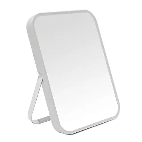 YEAKE Table Desk Vanity Makeup Mirror,8-Inch Portable Folding Mirror with Metal Stand 90 Adjustable Rotation Tavel Make Up Mirror Hanging Bathroom for Shower Shaving(Gray)