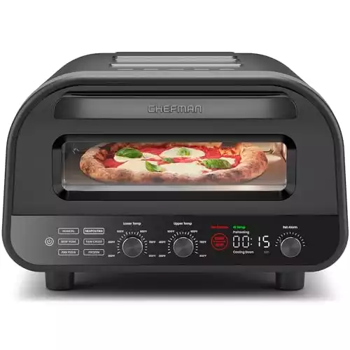 CHEFMAN Indoor Pizza Oven - Makes 12 Inch Pizzas in Minutes, Heats up to 800 F - Countertop Electric Pizza Maker with 5 Touchscreen Presets, Pizza Stone and Peel Included - Stainless Black