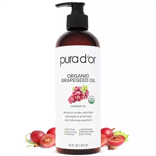 PURA D'OR 16 Oz Organic Grapeseed Oil - 100% Pure & Natural USDA Certified Cold Pressed Carrier Oil - Light & Silky, Unscented, Hexane Free Liquid Moisturizer - Face Skin & Hair - Men...