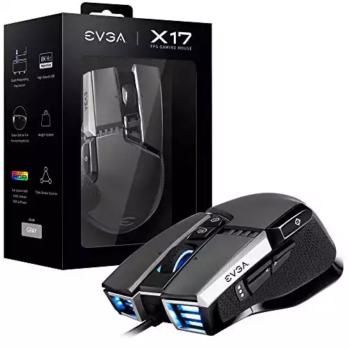 EVGA X17 Gaming Mouse, Wired, Grey, Customizable, 16,000 DPI, 5 Profiles, 10 Buttons, Ergonomic 903-W1-17GR-KR