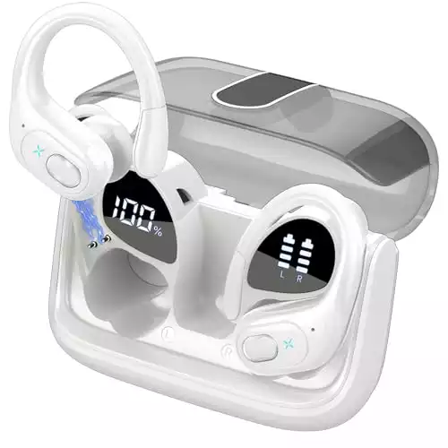 Aptkdoe Wireless Earbuds 75hrs Bluetooth 5.3 Headphone Sport, 2024 Bluetooth Earbuds Stereo Deep Bass Over Ear Bud with Earhooks, ENC Noise Cancelling Mic, IPX7 Waterproof Earphone White