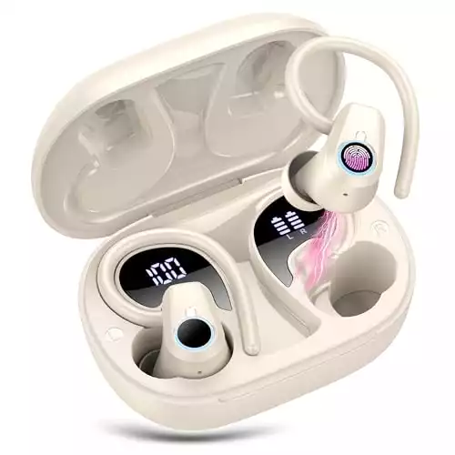 Wireless Earbuds, 2023 Bluetooth Headphones 5.3 Sport, 50H Ear buds with Earhooks, Dual LED Display, Bluetooth Earbuds, Bass Stereo Noise Cancelling Headphones, IP7 Waterproof Earphones, Off White