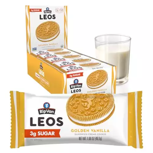 Rip Van LEOs - Golden Vanilla Sandwich Cookies - Low Sugar Snack Cookies - Low Carb Snack - Diabetic Snacks - 40 Low Sugar Cookies (10 Packs of 1.69oz)