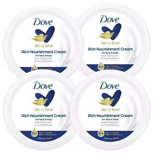 Dove Nourishing Body Care, Face, Hand, and Body Rich Nourishment Cream for Extra Dry Skin with 48-Hour Moisturization, 4-Pack, 2.53 Oz Each Jar