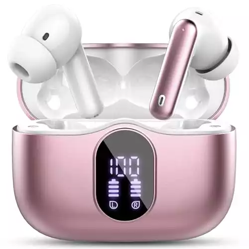 Wireless Earbuds Bluetooth 5.3 Headphones Bass Stereo Ear Buds with Noise Cancelling Mic LED Display in Ear Earphones IP7 Waterproof 36H Playtime for Laptop Pad Phones Sports Workout Rose Gold