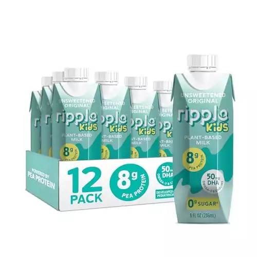 Ripple Kids Unsweetened Non-Dairy Milk l 8g Pea Protein l Shelf-Stable l Single Serve Cartons l Plant Based (8 Fl Oz (Pack of 12), Unsweetened)