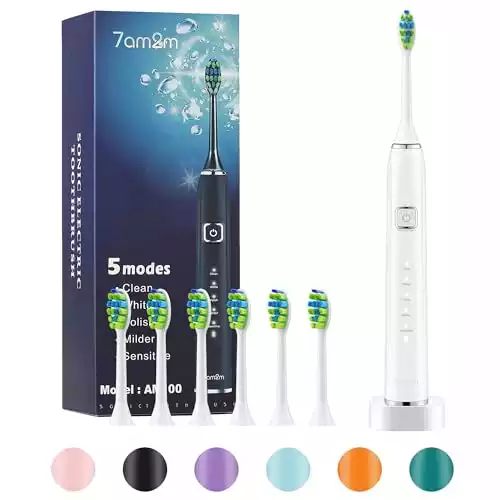 7AM2M Sonic Electric Toothbrush with 6 Brush Heads for Kids and Children, One Charge for 90 Days, Wireless Fast Charge, 5 Modes with 2 Minutes Build in Smart Timer, Electric Toothbrushes(White)