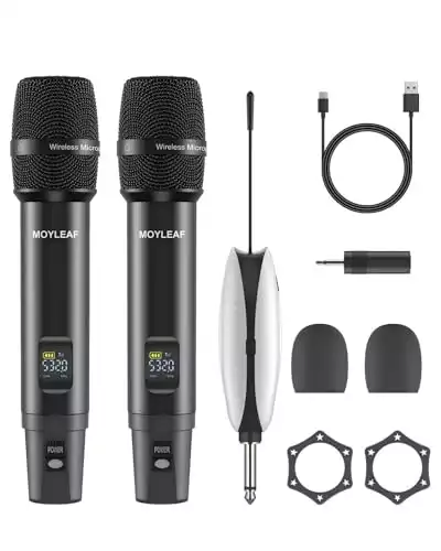 MOYLEAF Wireless Microphones, UHF Metal Dual Handheld Cordless Dynamic Mic System with Rechargeable Receiver, 1/4 