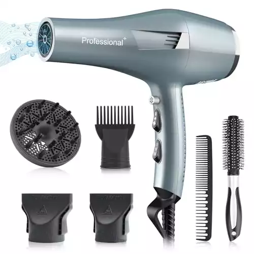 Faszin Ionic Salon Hair Dryer, Professional Blow Dryer 1800W AC Motor Fast Drying with 2 Speed, 3 Heat Setting, Cool Button, with Diffuser,Nozzle,Concentrator Comb for Curly & Straight Hair-Blue