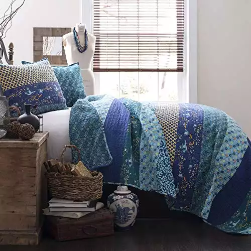 Lush Decor Royal Empire Reversible Cotton Quilt Set - 3 Piece Striped Bedding Set - Bold & Colorful Bohemian Patterns - Soft Cotton Feel - King, Peacock