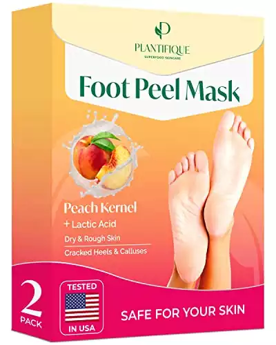 PLANTIFIQUE Foot Peeling Mask (2 Pairs) - Peeling Foot Mask Dermatologically Tested Repairs Heels & Removes Dry Dead Skin for Baby Soft Feet - Exfoliating Foot Peel Mask for Dry Cracked Feet (Peac...