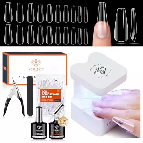 modelones Gel x Nail Kit, Nail Tips and Glue Gel Kit with 4-in-One Nail Glue Gel, 500Pcs Long Coffin Nail, Nail Dehydrator, Ultra-Portable LED Nail Lamp, Gel Nail Extension Kit Salon Gifts for Women