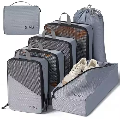 DIMJ Compression Packing Cubes for Travel - Suitcases Expandable Travel Packing Organizers Lightweight Luggage Cubes Travel Cubes for Travel Accessories With Shoe Bag/Laundry Bag/Underwear Bag (Grey)