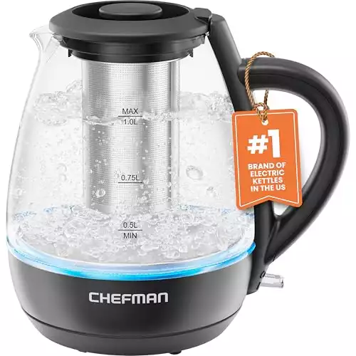 Chefman Electric Kettle with Tea Infuser, 1L 1500W, Removable Lid for Easy Cleaning, Boil-Dry Protection, Stainless Steel Filter, BPA Free, Auto Shut Off Hot Water Boiler, Small Electric Tea Kettle