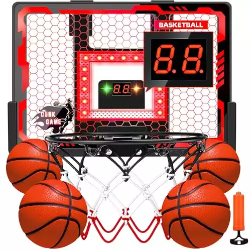 Indoor Basketball Hoop Toy for Kids - Pro Basketball Hoop Over The Door with LED Lights, Hoop with Scoreboard&4 Balls Anti-Impact Backboard, Basketball Toys Gifts for 6 7 8 9 10 11 12 Year Old Boy...