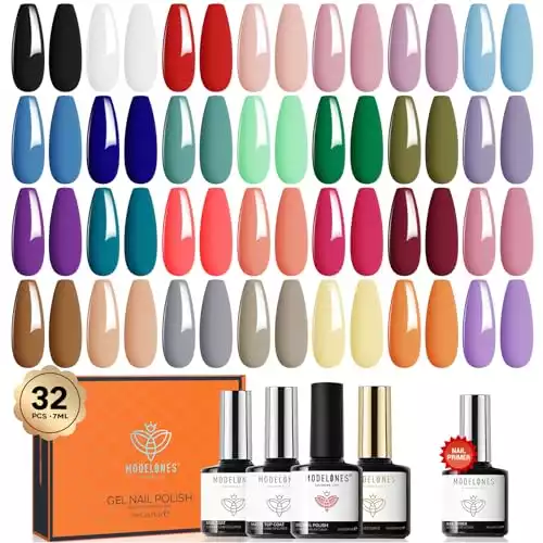 Modelones 32 PCS Gel Nail Polish Set, 28 Colors Fall Winter Gel Polish with No Wipe Base Coat, Glossy & Matte Top Coat and Nail Primer Black Brown Red Purple Soak Off LED Nail Art Kit Salon at Hom...