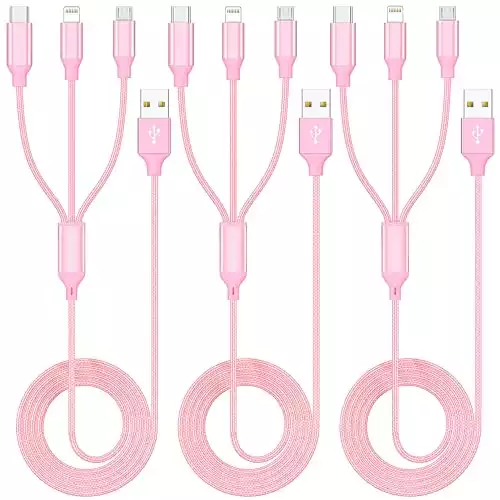 Multiple Charger Cable 3Pack 4FT Multi Charging Cable Rapid Nylon Braided Cord USB Charging Cable 3 in 1 Multi Phone Charger Cord with Type C Micro Lightning USB Connectors for Cell Phones Pink