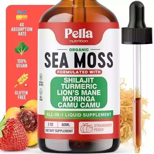 Sea Moss & Himalayan Shilajit Supplement - Enhanced with Turmeric, Lion's Mane, Moringa & Camu Camu - Vegan, Quick Absorb Formula - Mix with Drinks for Vitality & Energy Boost (Strawb...