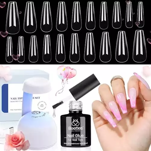 Beetles Gel Nail Kit Easy Nail Extension Set with 500Pcs Nail Tips Coffin Shape 5 In 1 Nail Glue Base Gel and Innovative Led Lamp Easy Diy Nails Art Home Gelly Tips