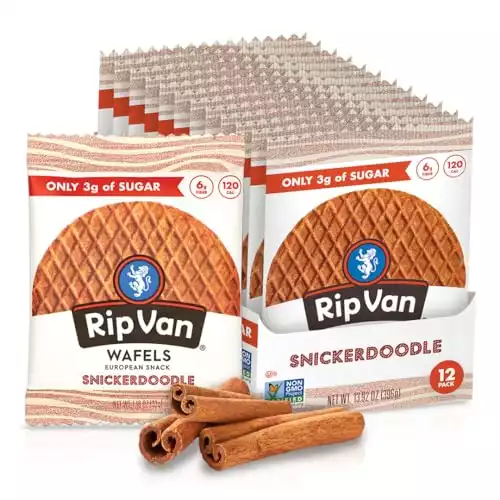 Rip Van Wafels Snickerdoodle Stroopwafels, Healthy Snacks, Non-GMO, Keto Friendly, Office Snacks, Low Sugar (3g), Low Calorie, 12 Pack