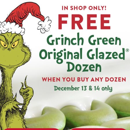 Free Grinch green original glazed dozen at Krispy Kreme you buy any dozen! Thumbnail