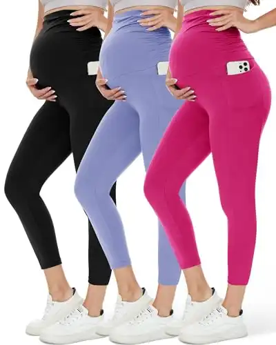 HLTPRO 1/3 Pack Maternity Leggings Over The Belly - Maternity Pants with Pockets for Women Pregnancy Workout Yoga Leggings