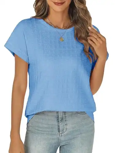 Cnlinkco Women's Casual Short Sleeve Shirts Solid Color Trendy Blouses Basic Round Neck Loose Tops Tee Office Fashion Outfits Sky Blue