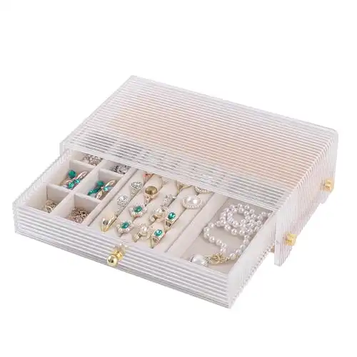 KAOTGOT Acrylic Jewelry Box & Organizer with Wavy Look Design with Pine Wood Dividers and a Drawers for Ring, Bracelet and Earring Organizer Is a Must Have Women's Jewelry Box for Modern Home...