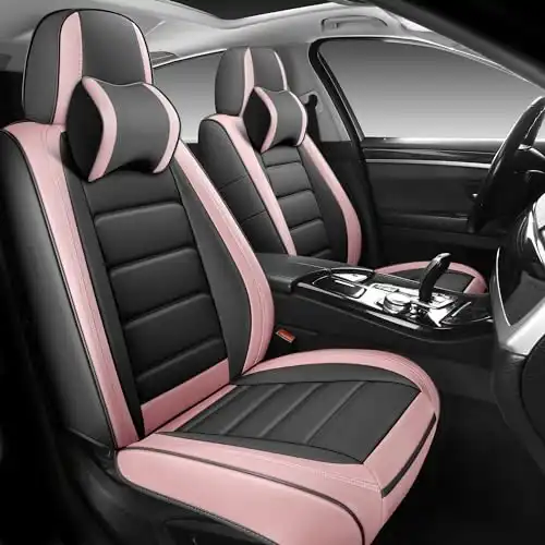 BABYBLU Leather Car Seat Covers Front Seats Only, with Headrest Pillow, Universal Automotive Seats Protector Fit for 2 Seats, for Most Vehicles SUV Pick-up Truck-Full Coverage(Pink-2pcs)