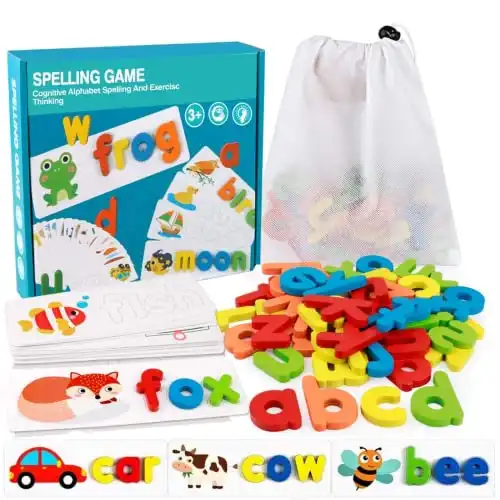 See and Spell Learning Toys,Matching Letter Game Words for Kids,Educational Learning Toys for Preschool Kindergarten 3-7 Year Old Girls Boys (28 Cards+52 Letters) +1