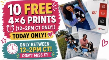 Bright promo collage announcing free 10 4×6 prints today only, with photos and Walgreens branding in bold colors.