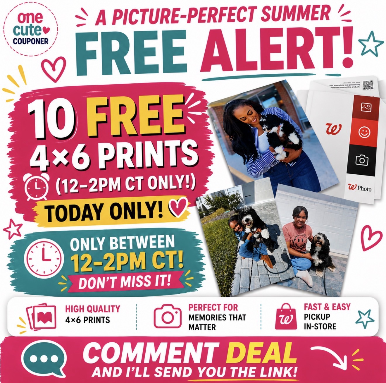 Bright promo collage announcing free 10 4×6 prints today only, with photos and Walgreens branding in bold colors.