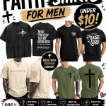 Collage of faith-based men's T-shirts with cross graphics and Bible phrases, advertised as under $10.