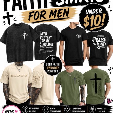 Collage of faith-based men’s T-shirts with cross graphics and Bible phrases, advertised as under $10.