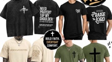 Collage of faith-based men's T-shirts with cross graphics and Bible phrases, advertised as under $10.
