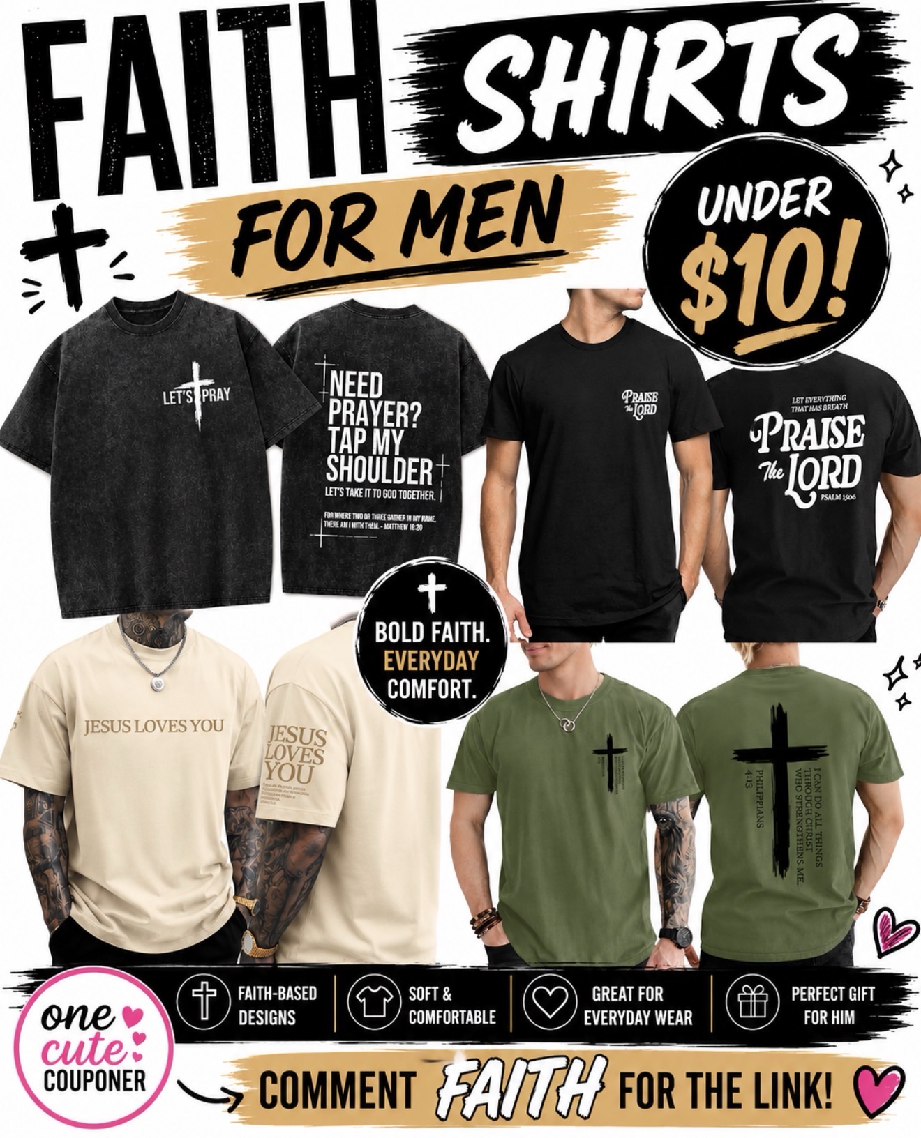 Collage of faith-based men's T-shirts with cross graphics and Bible phrases, advertised as under $10.
