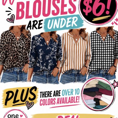 Promo collage advertising blouses under $6, showing four women modeling patterned shirts with bold promotional text and color swatches.